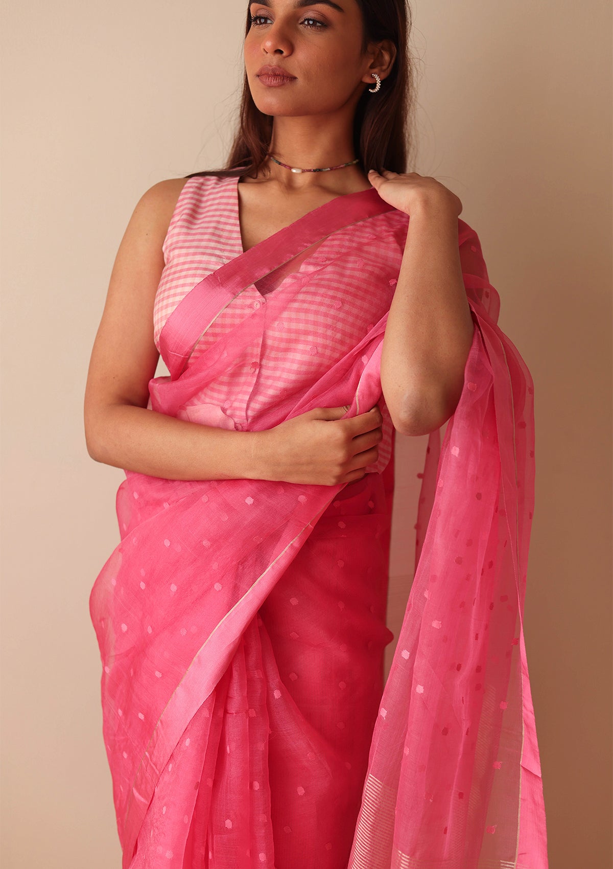 Carnation Pink Wildflower Meadow Jamdani Saree