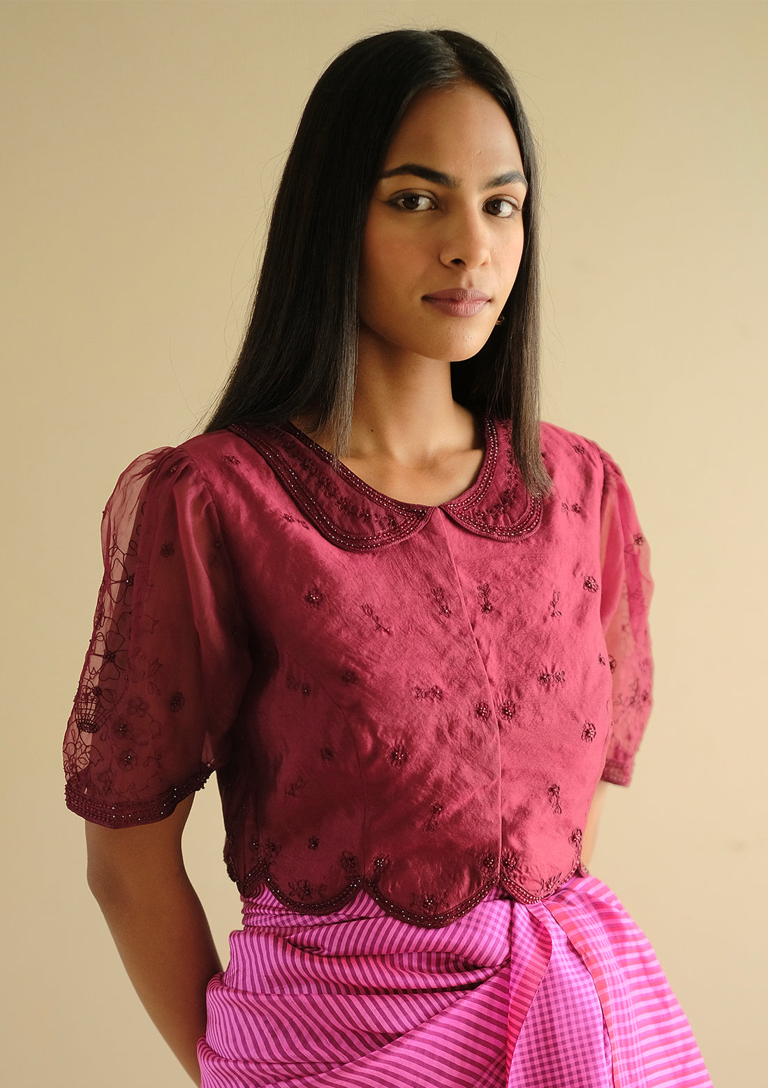 Framed-in-Bloom Embroidered Burgundy Blouse