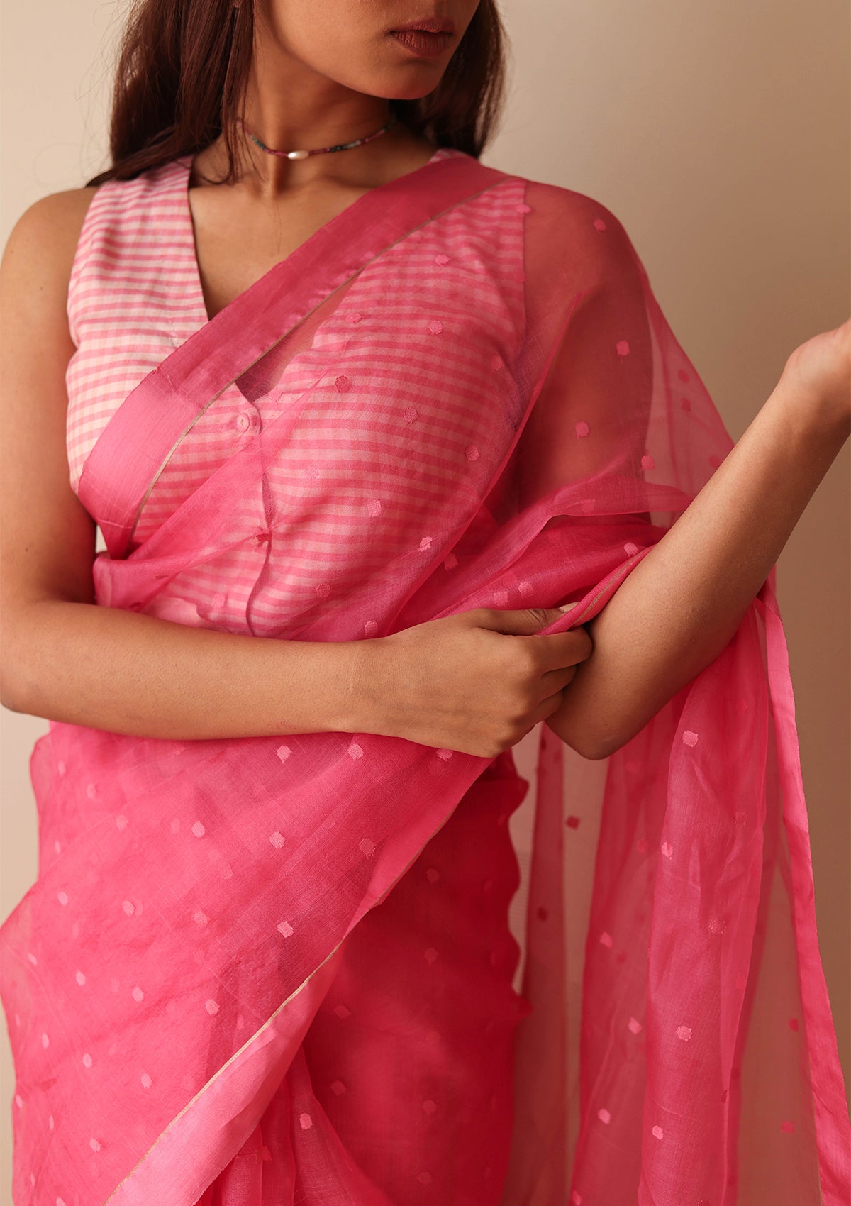 Carnation Pink Wildflower Meadow Jamdani Saree