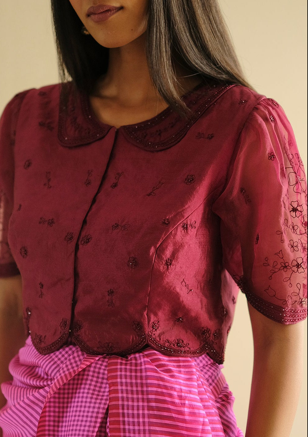 Framed-in-Bloom Embroidered Burgundy Blouse