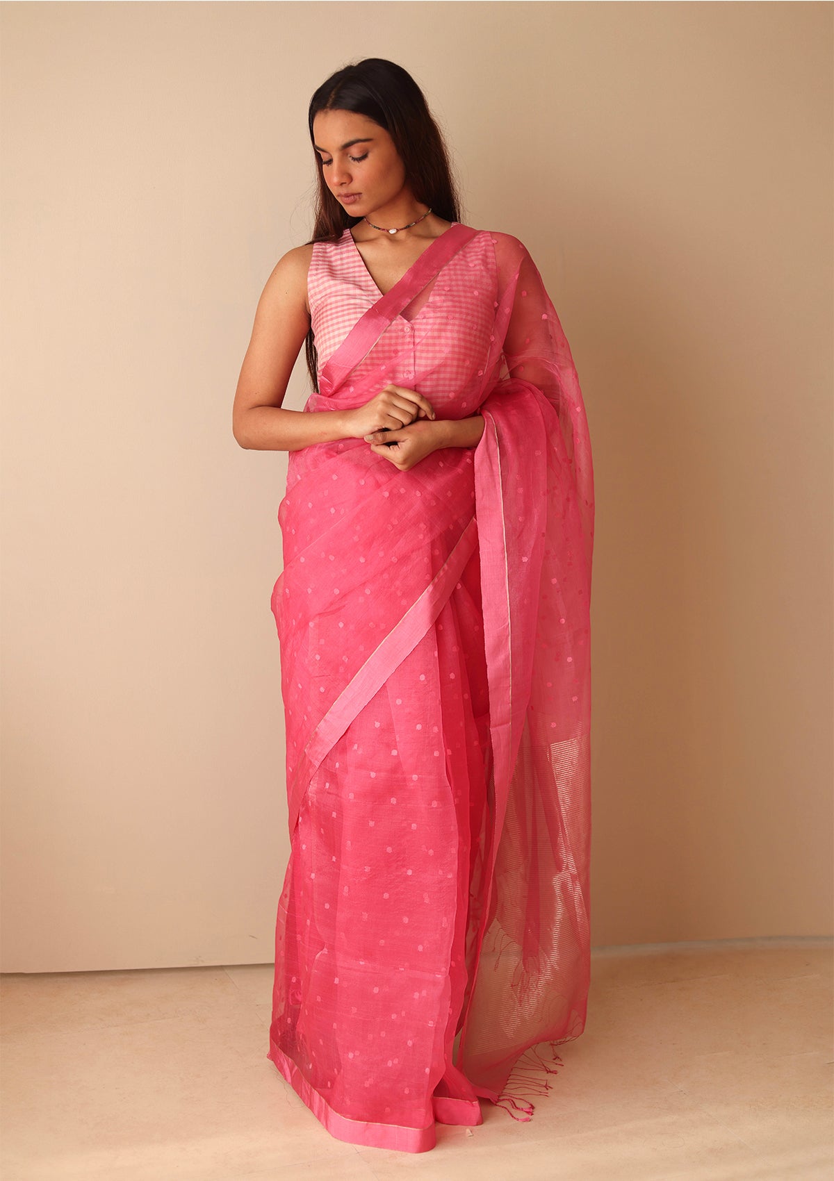 Carnation Pink Wildflower Meadow Jamdani Saree