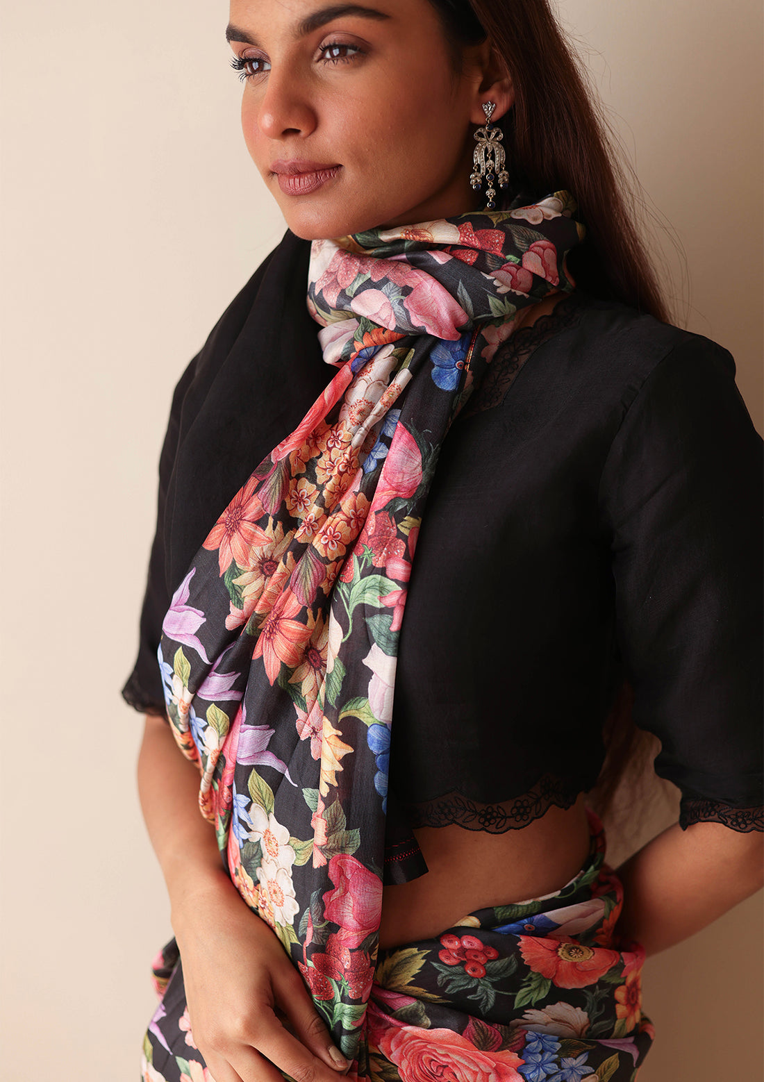 Whimsical Garden Black Saree