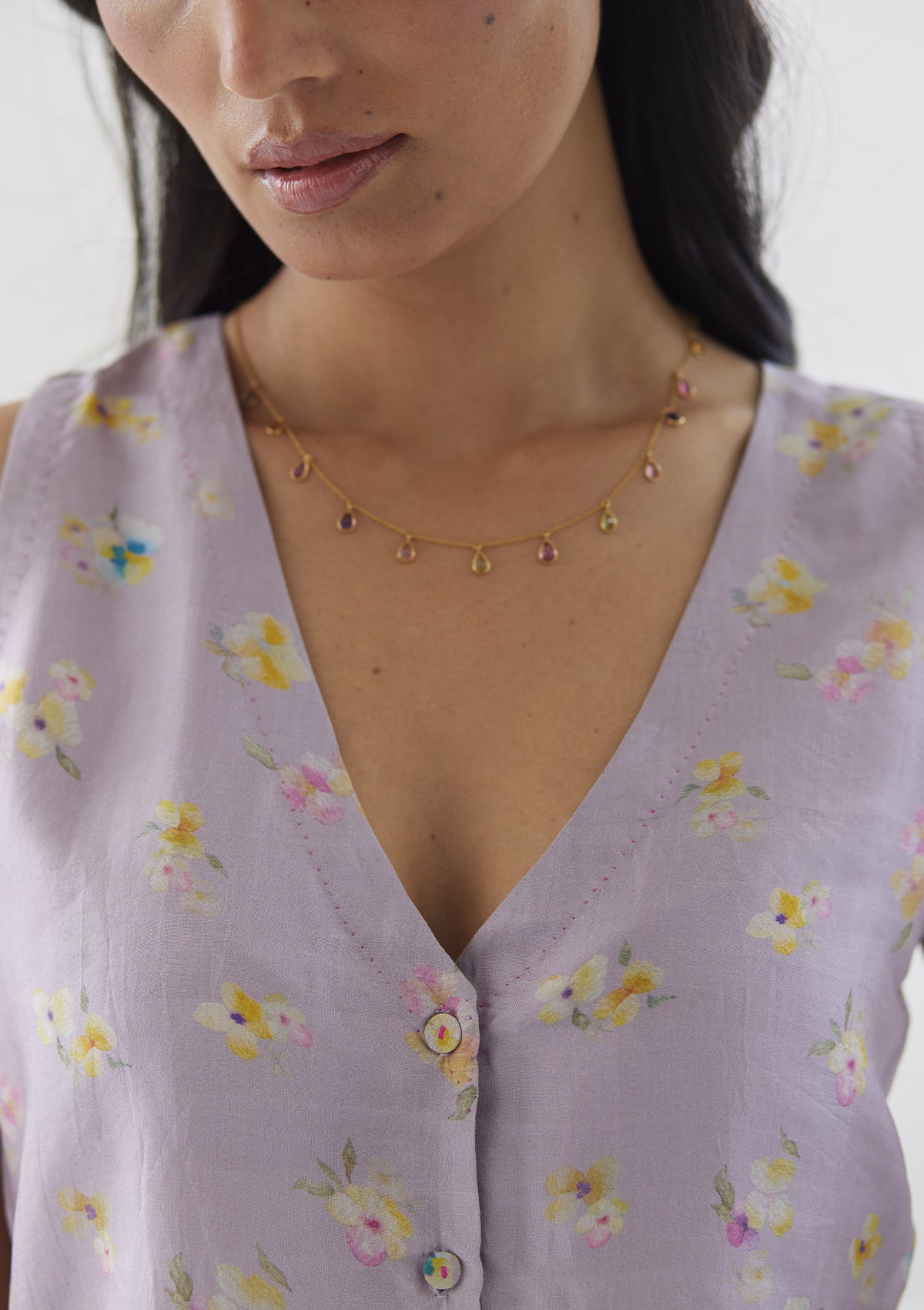 Mauve handwoven designer blouse from Surmaye. Floral pansy print.