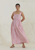 Handwoven maxi pink dress in silk modal, from Surmaye. Sleeveless dress in a fit-and-flare silhouette, with dual-toned pink stripes.