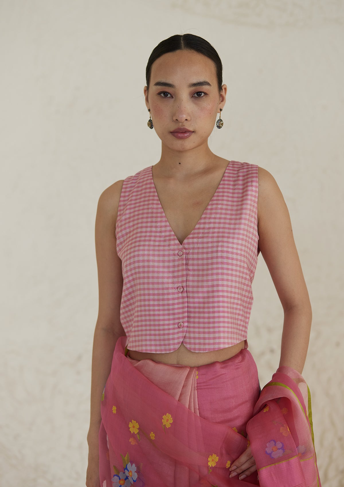 Designer blouse with pink gingham checks, from Surmaye.