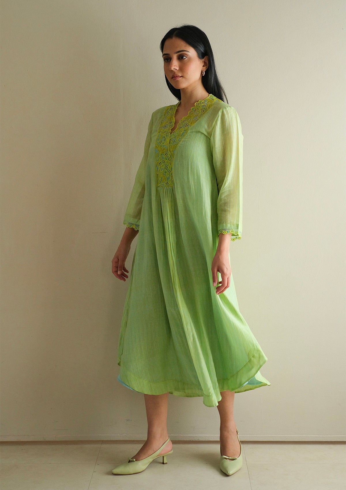 English Morning Green Embroidered Dress