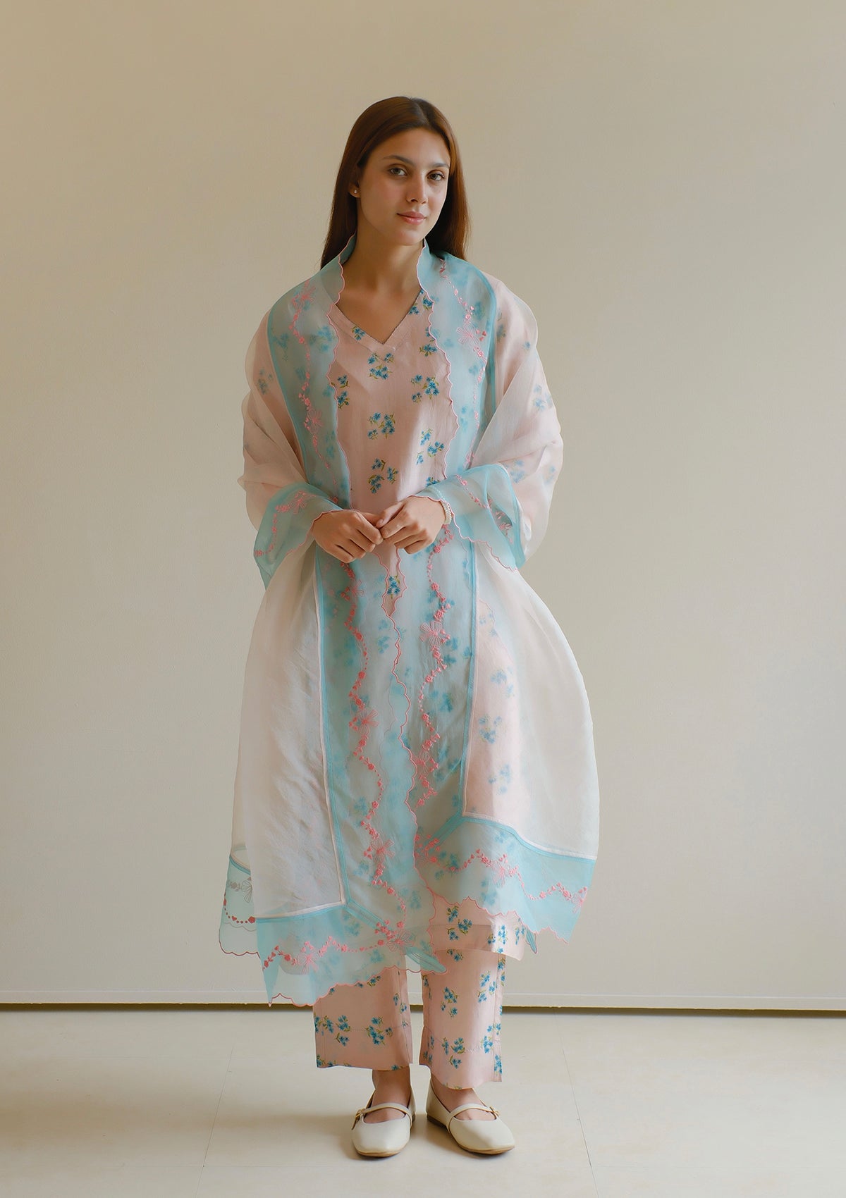 Floral Symphony Embroidered Pink Dupatta