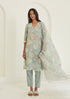 Sage-green Kurta Set for women, from Surmaye. Made in handwoven khadi with a hand-drawn floral print, and a decorative running stitch accent.