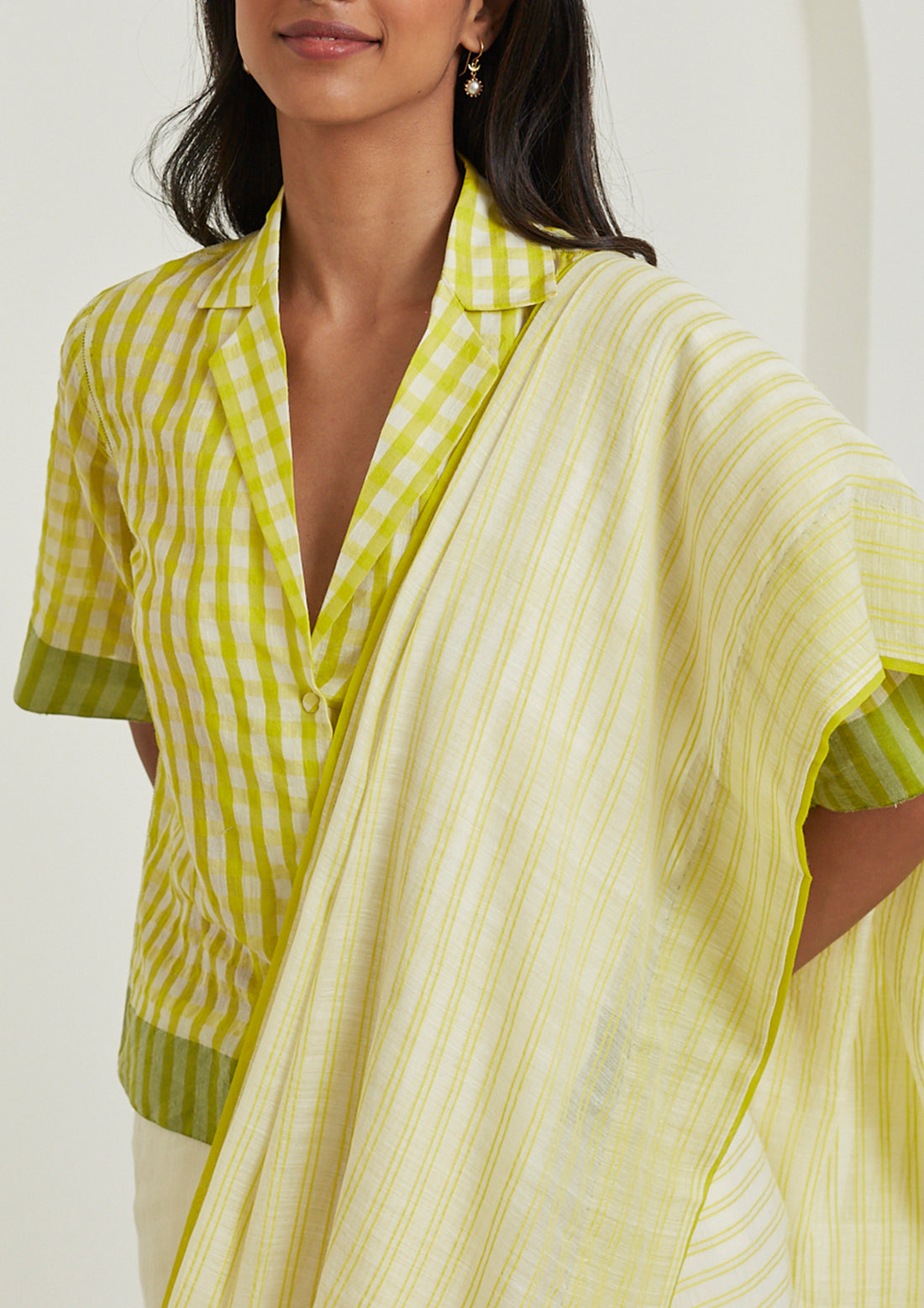 Lime designer blouse in softest handwoven silk khadi, from Surmaye. Gingham checks pattern in a shirt silhouette.