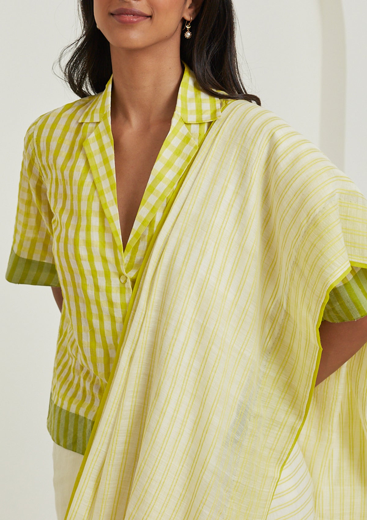 Lime designer blouse in softest handwoven silk khadi, from Surmaye. Gingham checks pattern in a shirt silhouette.