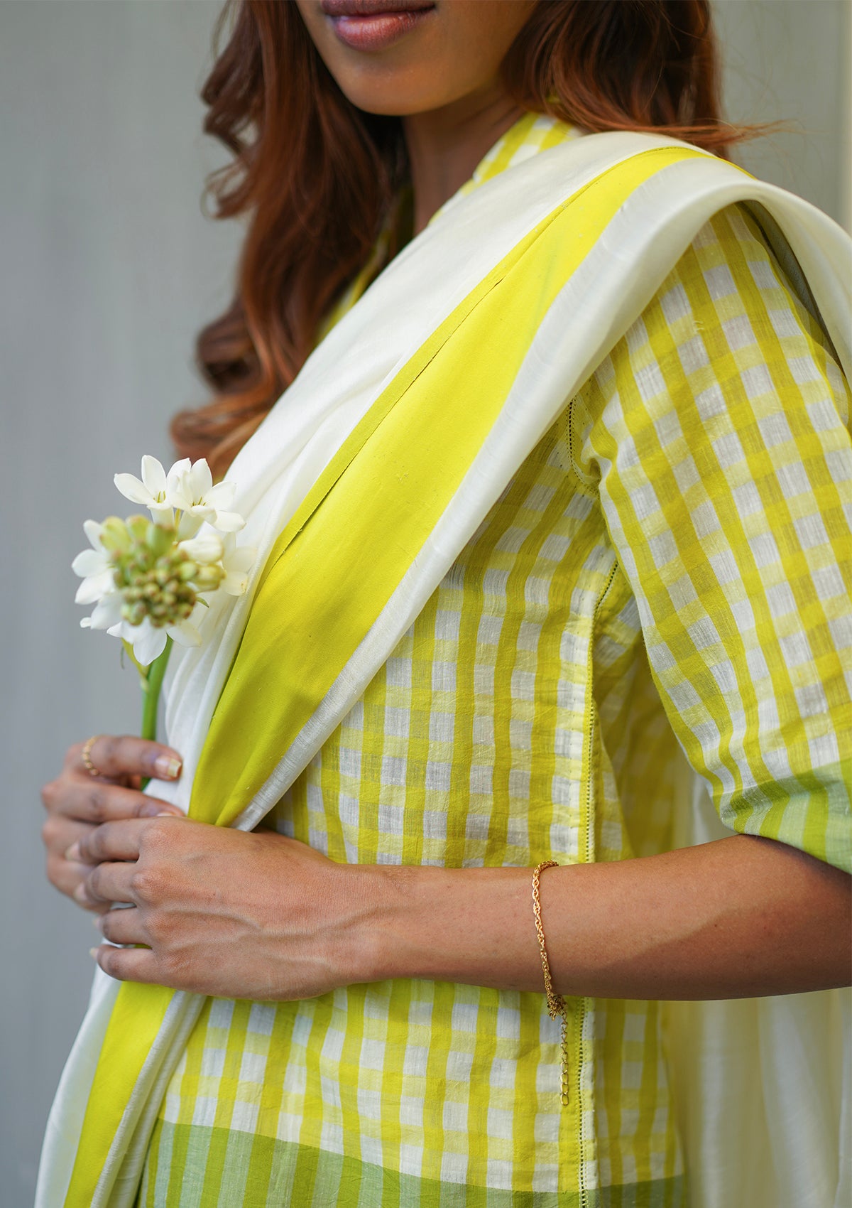 Lime designer blouse in softest handwoven silk khadi, from Surmaye. Gingham checks pattern in a shirt silhouette.