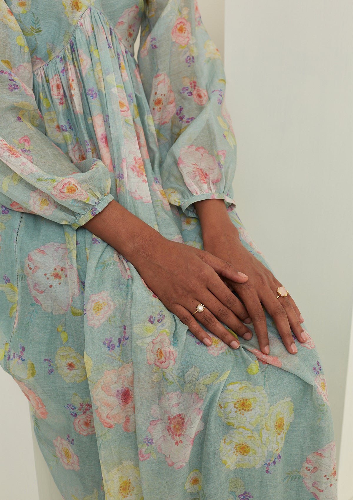 Handwoven maxi dress in sooti chanderi, from Surmaye. Sage green dress with hand-painted floral print.