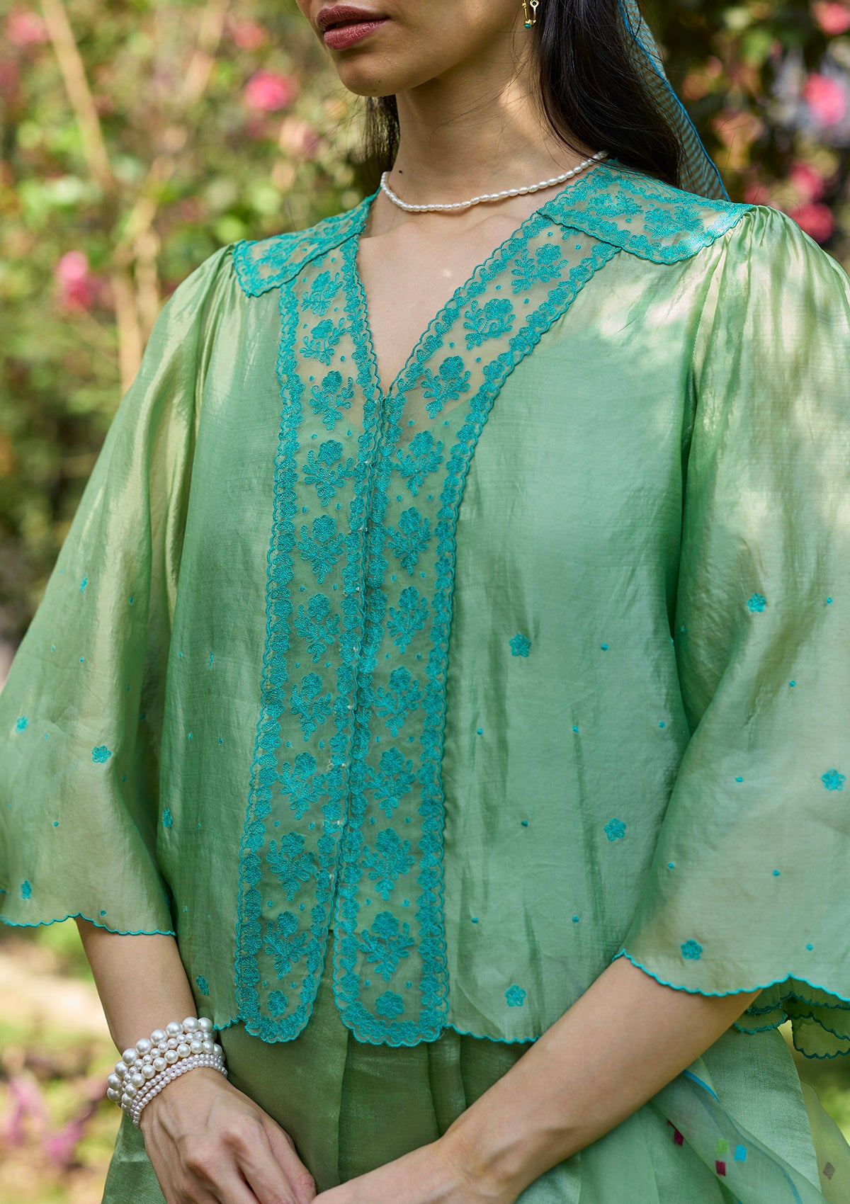 River Fork Green Embroidered Blouse