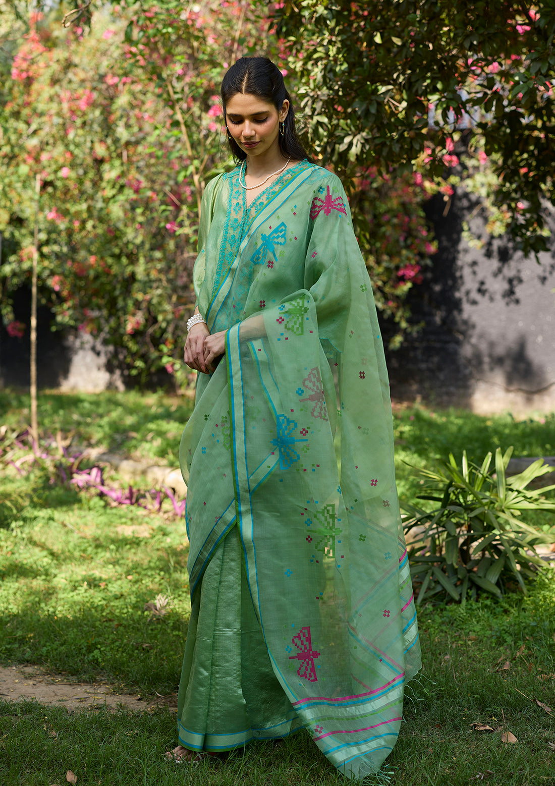 Garden Butterfly Green Jamdani Saree