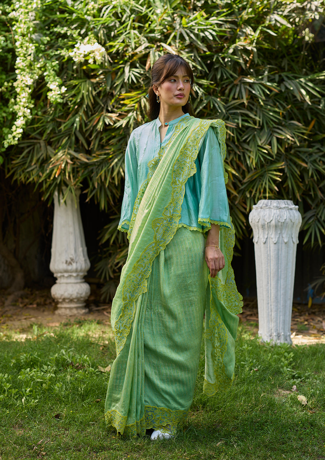 English Morning Green Embroidered Saree