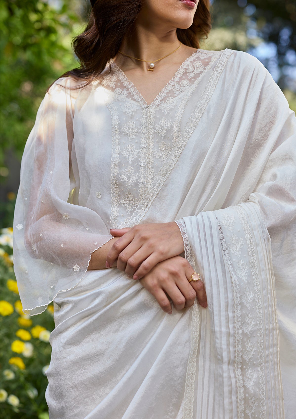 Wander Trail Ivory Embroidered Saree