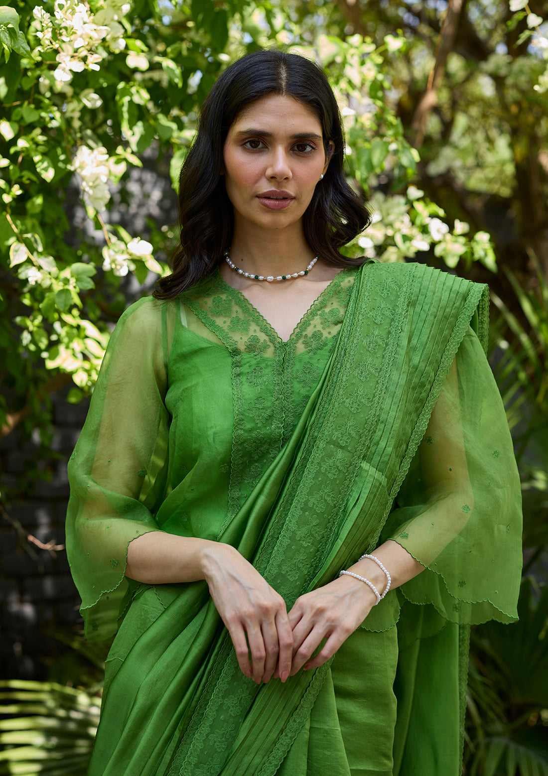 Wander Trail Green Embroidered Saree