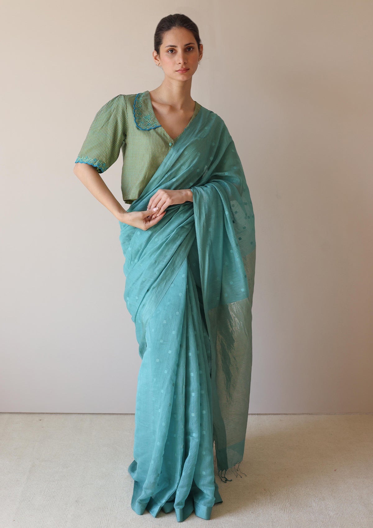 Teal Wildflower Meadow Jamdani Saree