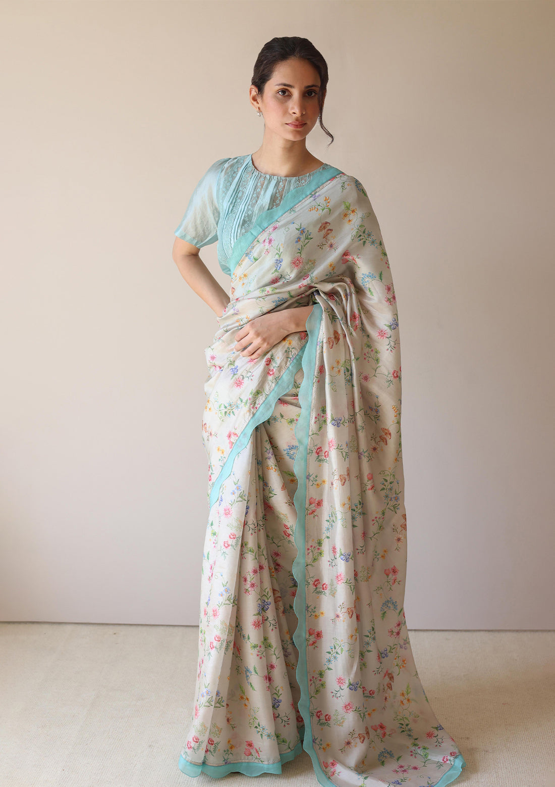 Forest Breeze Beige Scalloped Saree