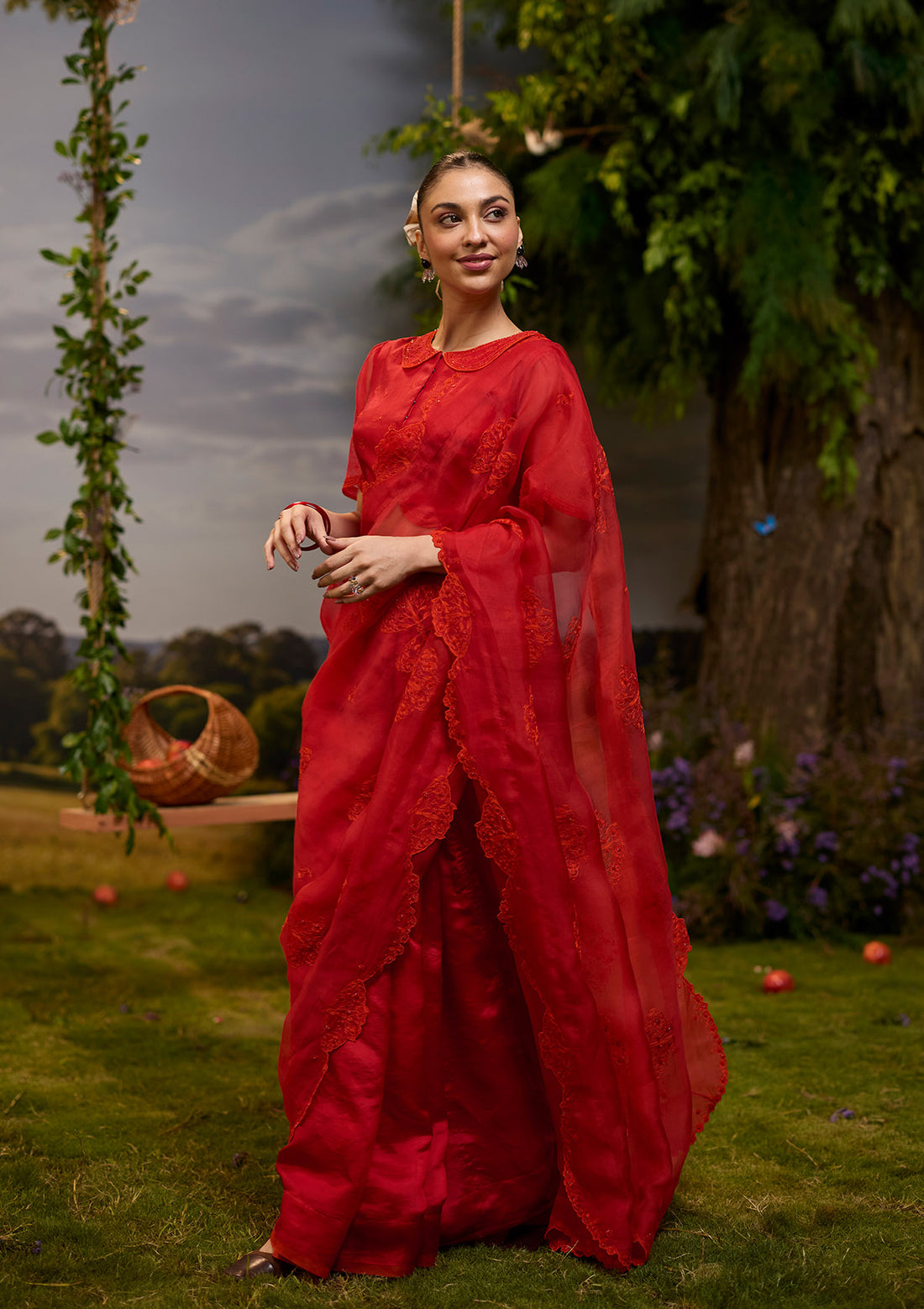 Flutter & Bloom Embroidered Red Saree