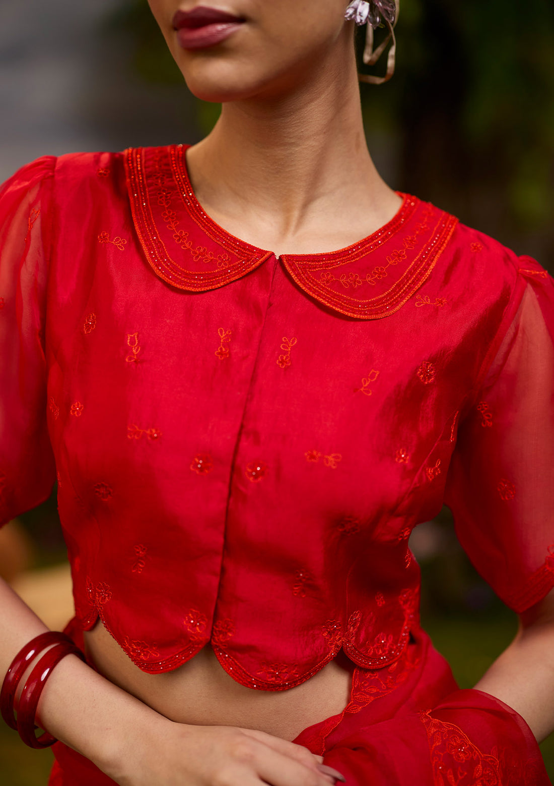 Framed-in-Bloom Embroidered Red Blouse