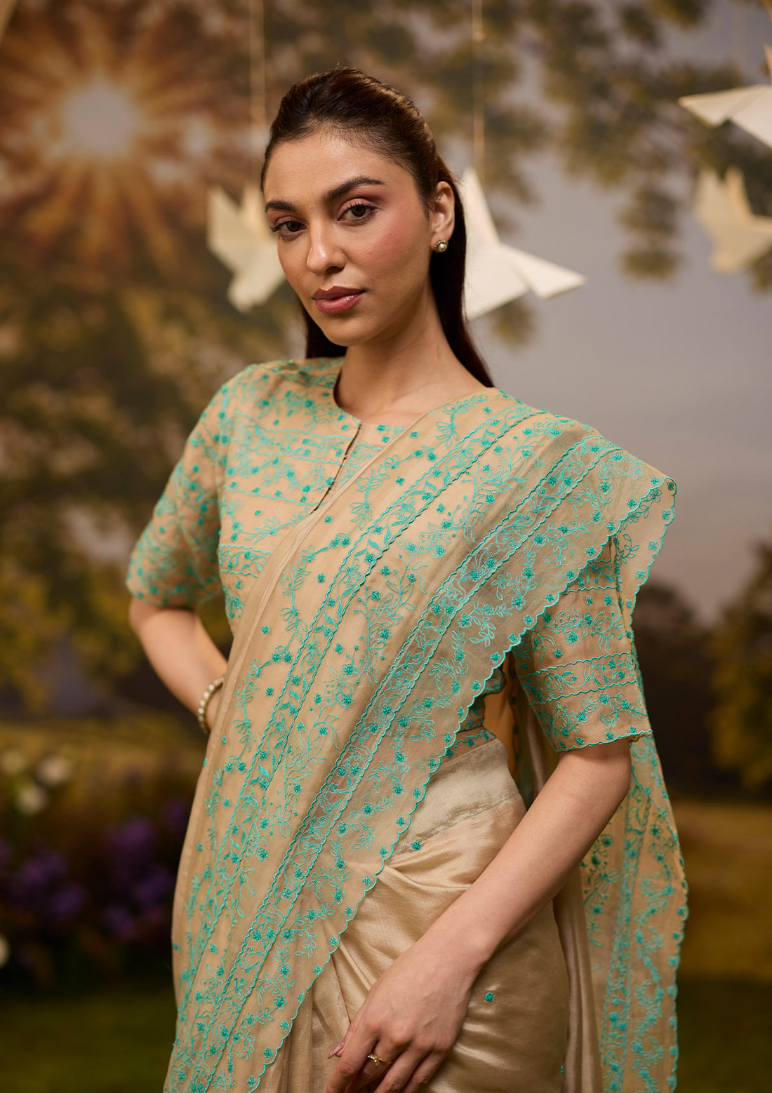 Woodland Stories Embroidered Beige Saree