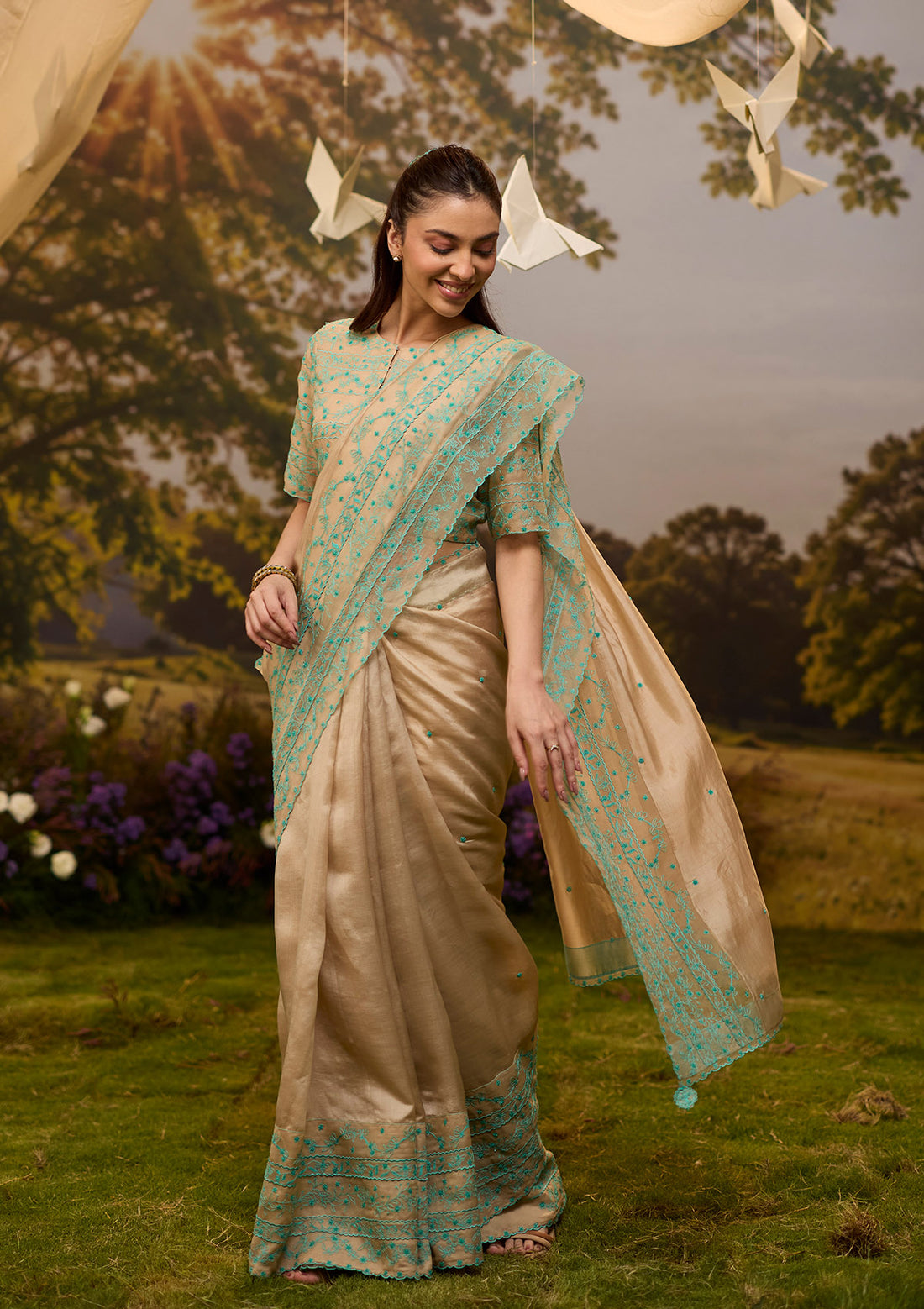 Woodland Stories Embroidered Beige Saree
