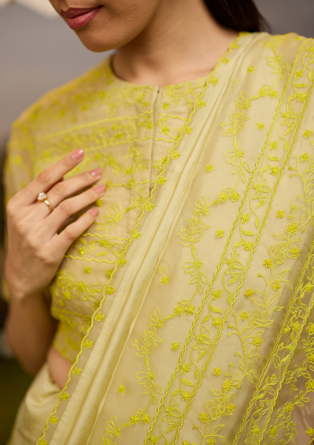 Woodland Stories Embroidered Yellow Saree