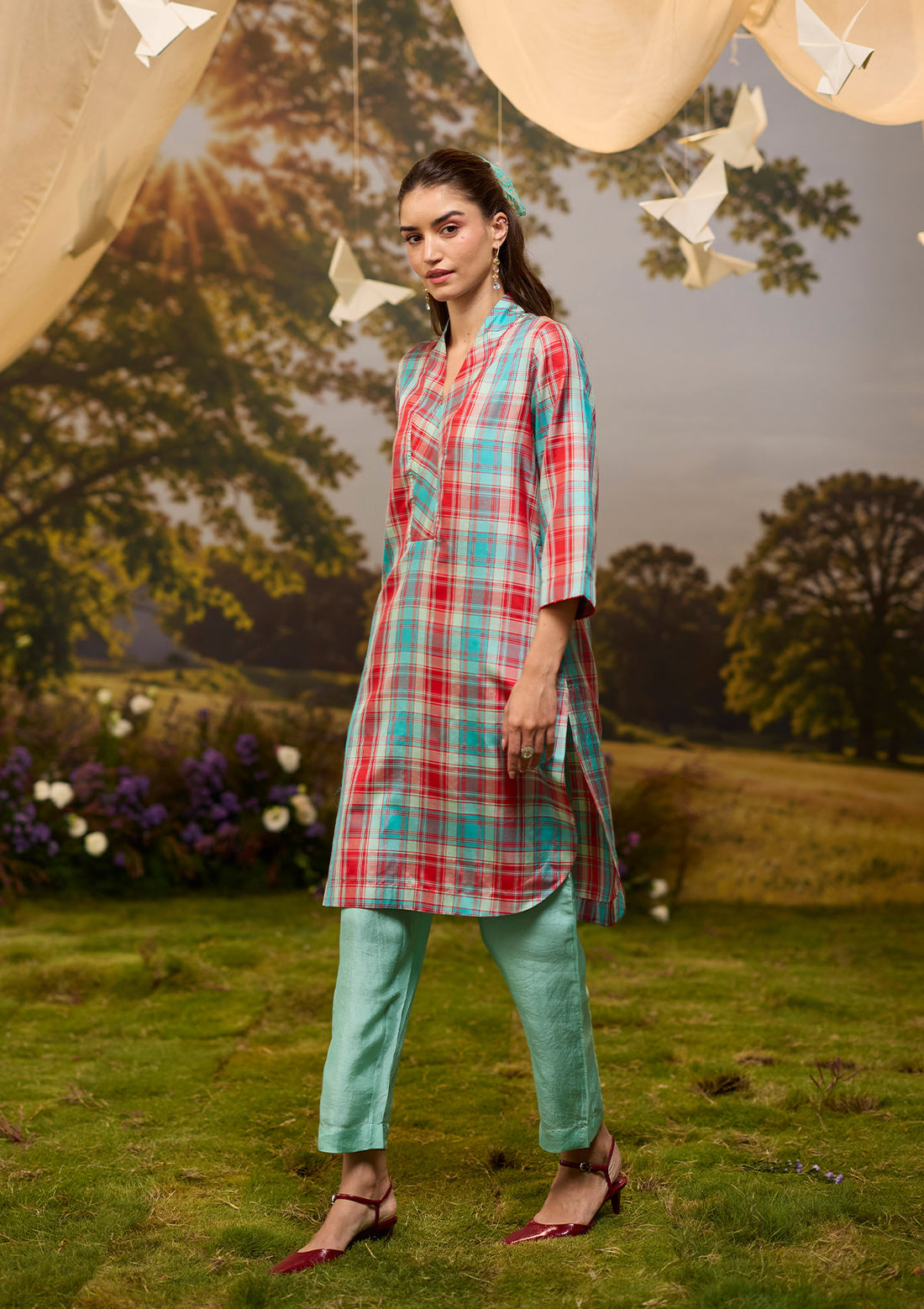 Berry & Sky Checkered Kurta Set