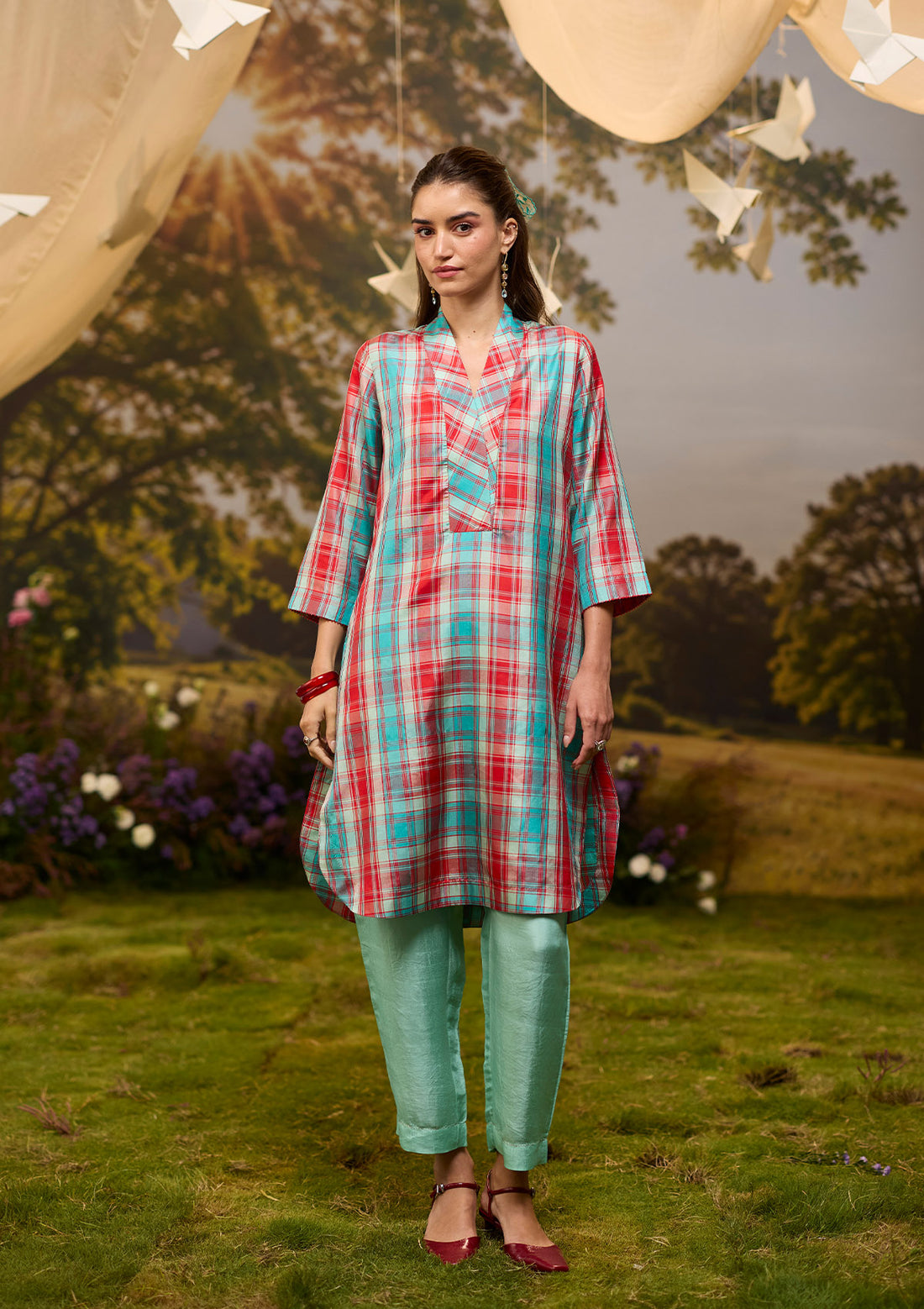Berry & Sky Checkered Kurta Set