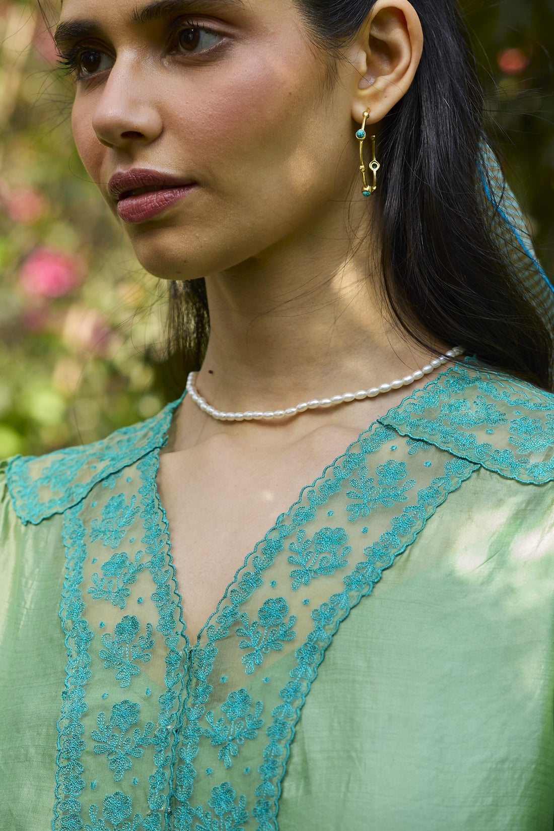 River Fork Green Embroidered Blouse