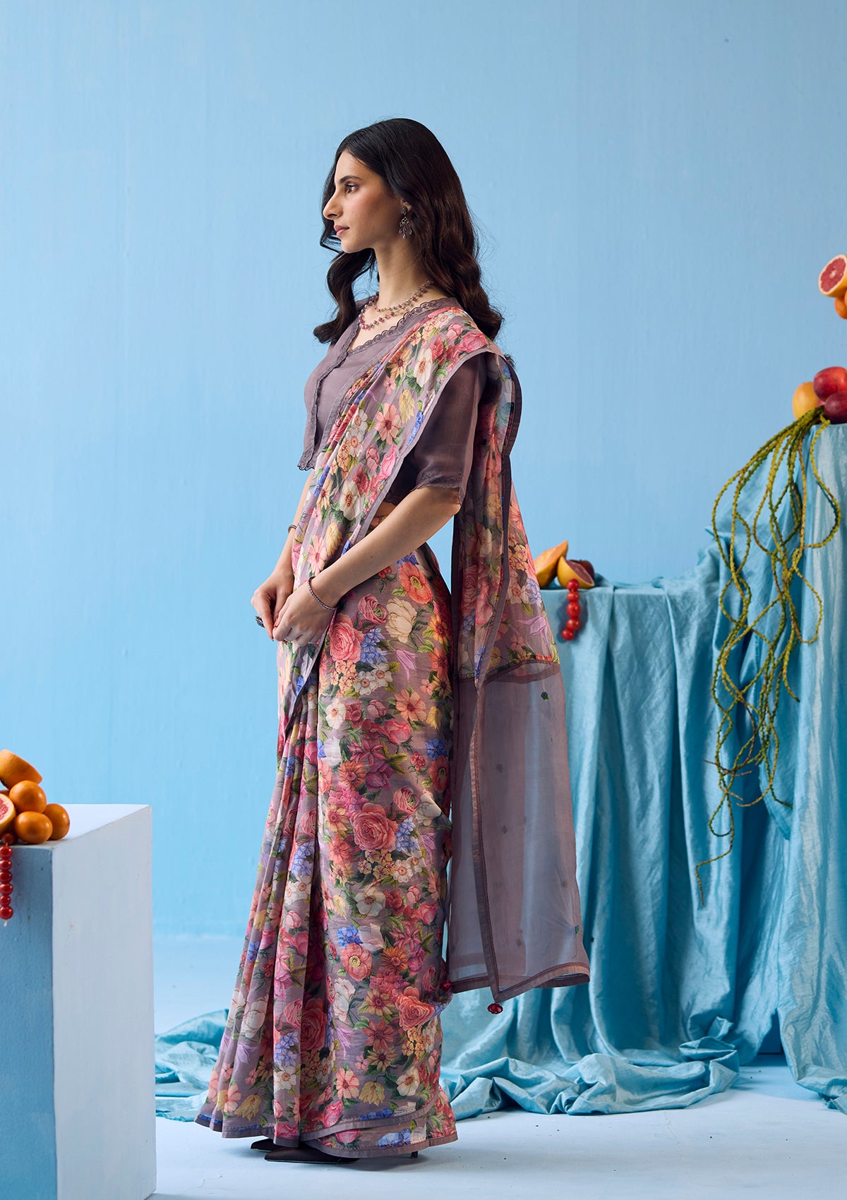 Whimsical Garden Slate Saree