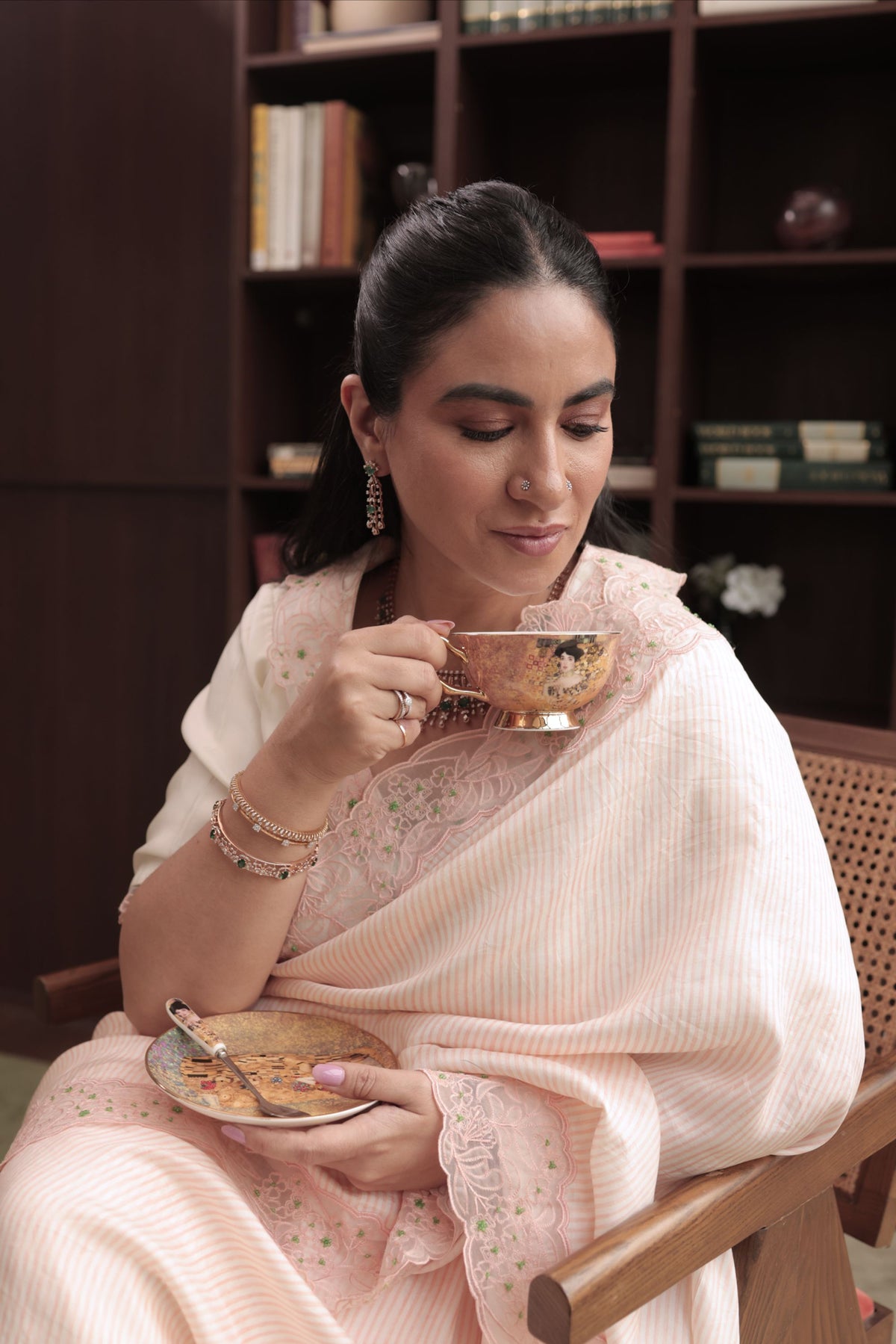 Priya Malik in English Morning Pink Embroidered Saree
