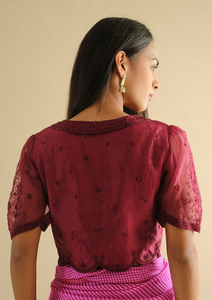 Framed-in-Bloom Embroidered Burgundy Blouse