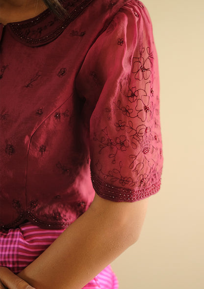 Framed-in-Bloom Embroidered Burgundy Blouse