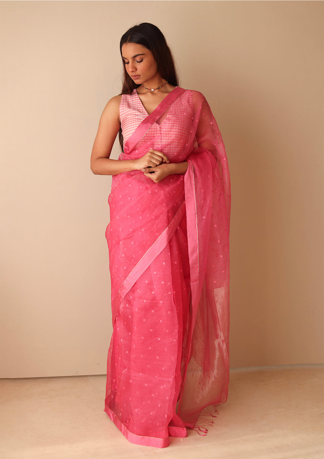 Carnation Pink Wildflower Meadow Jamdani Saree