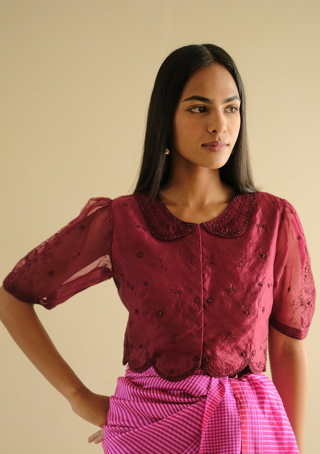 Framed-in-Bloom Embroidered Burgundy Blouse