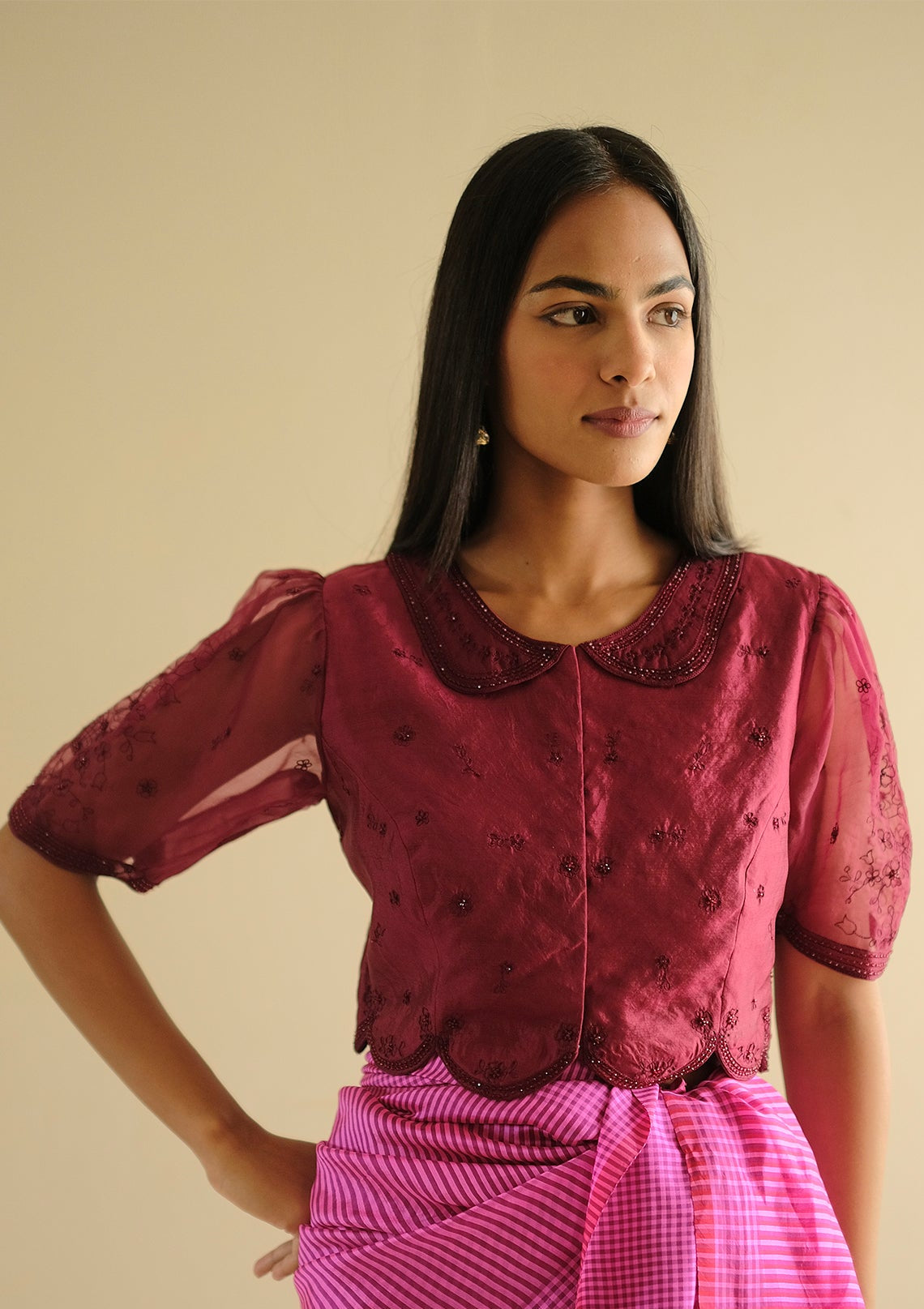 Framed-in-Bloom Embroidered Burgundy Blouse