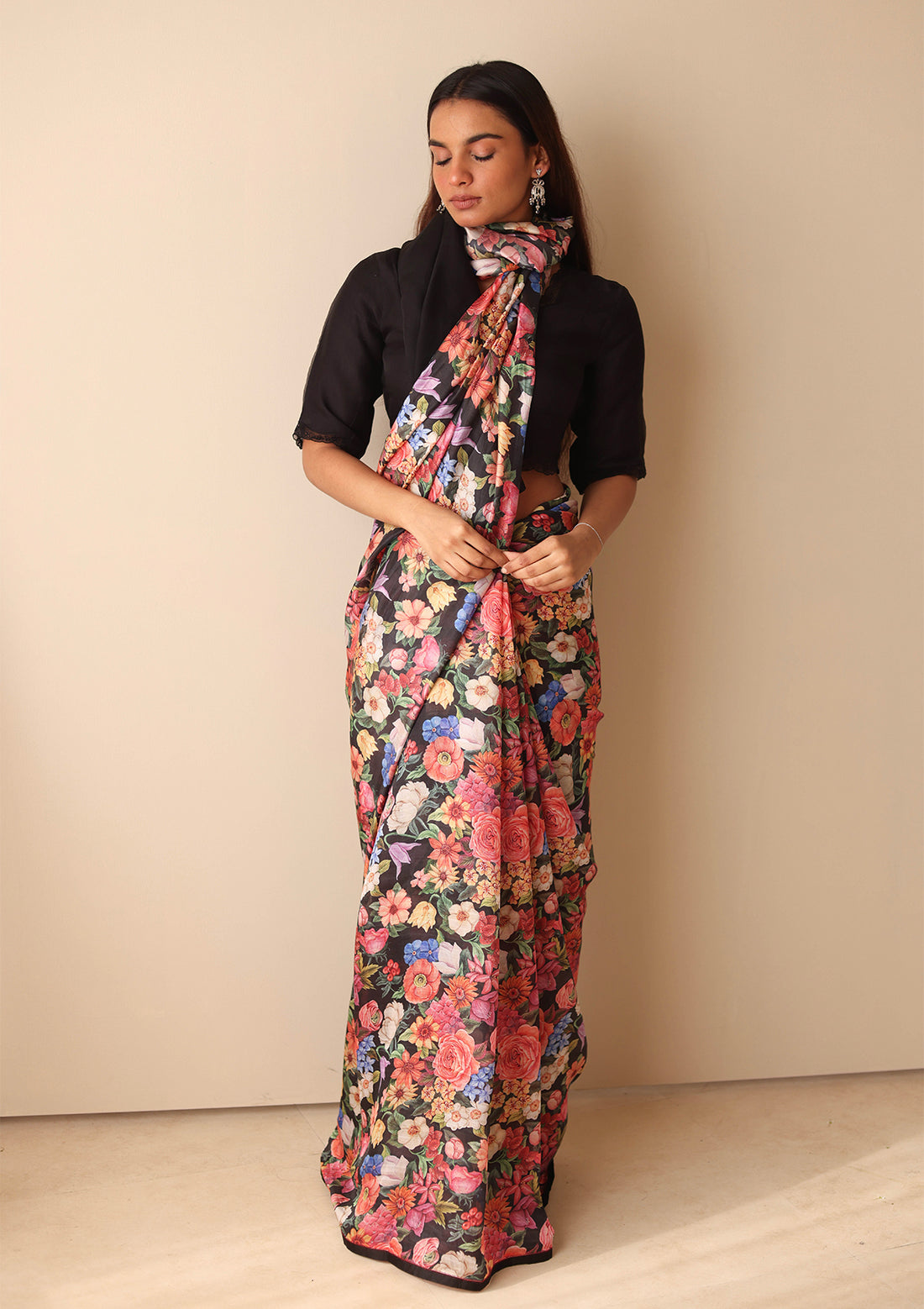 Whimsical Garden Black Saree