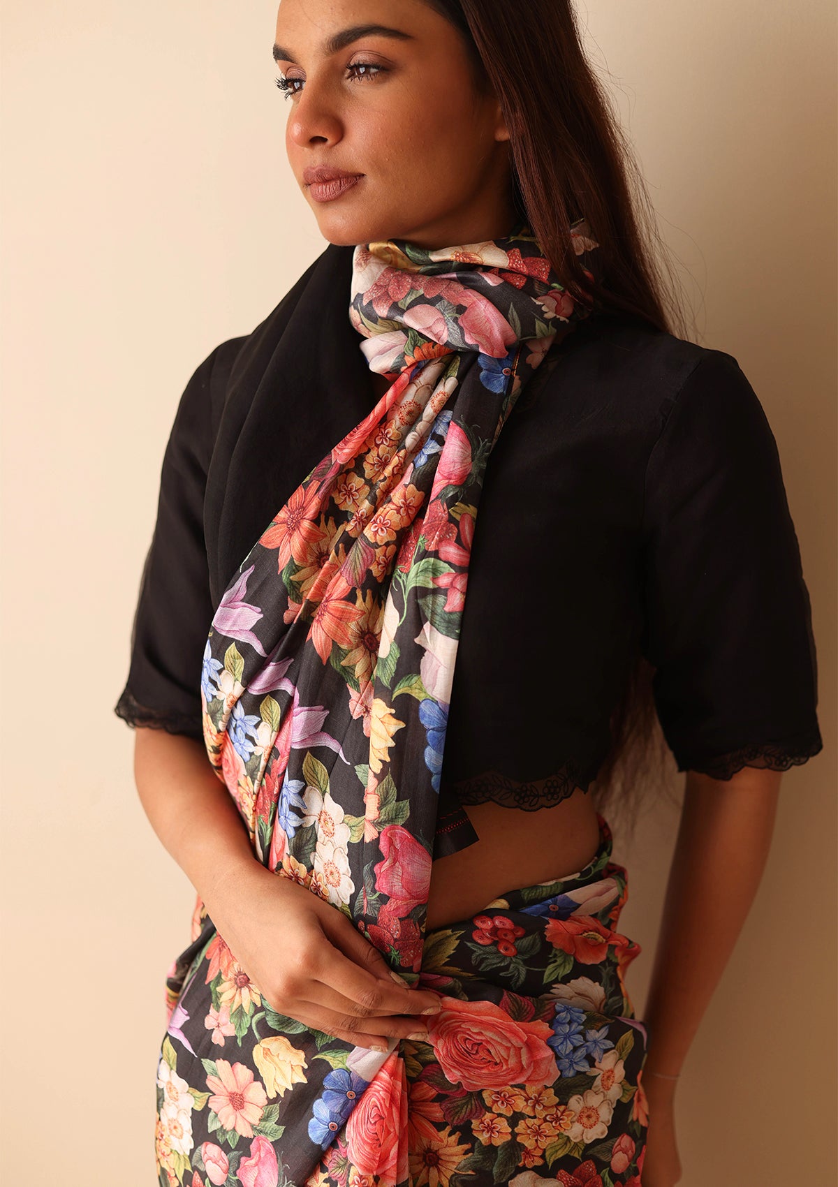 Whimsical Garden Black Saree