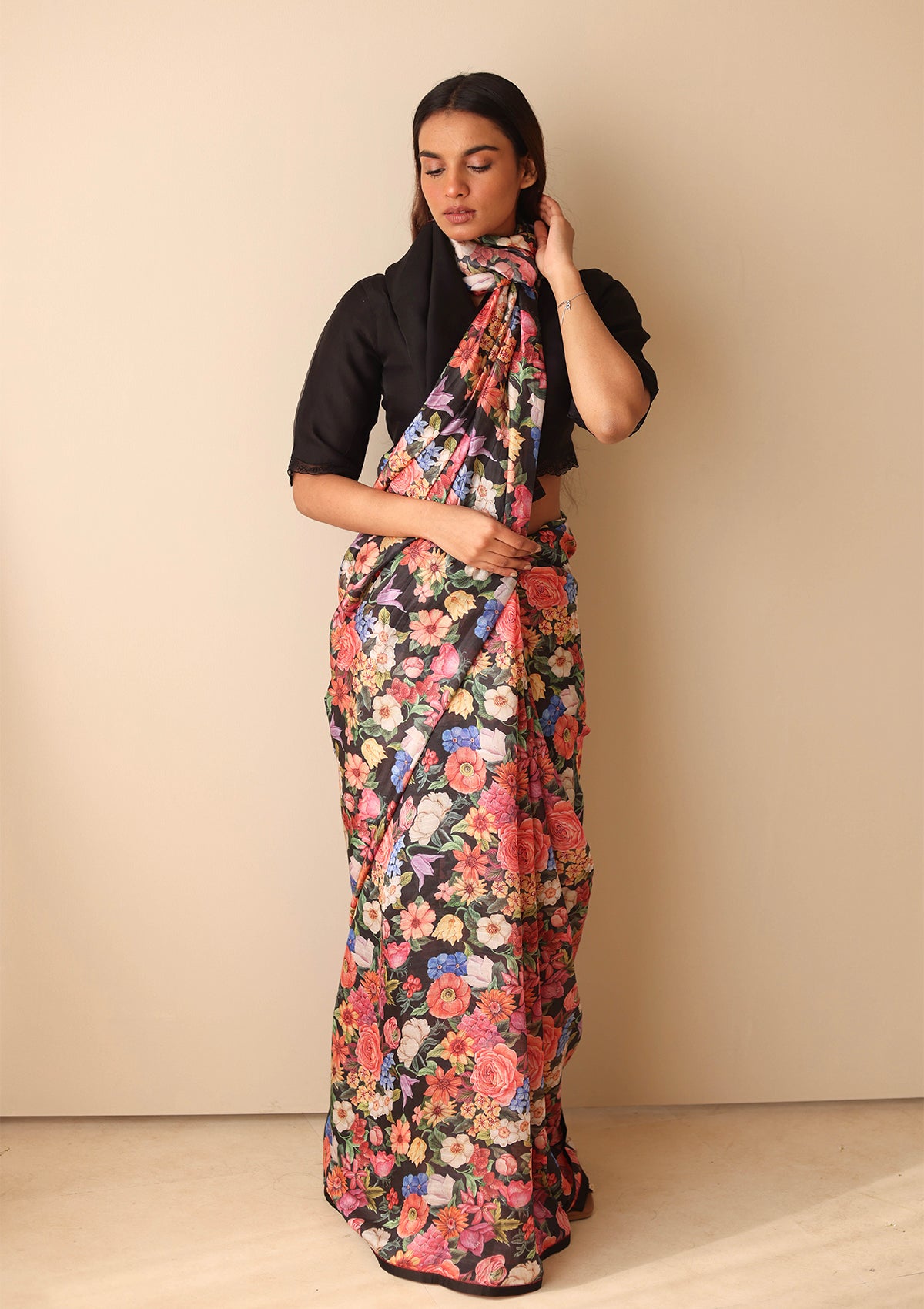Whimsical Garden Black Saree