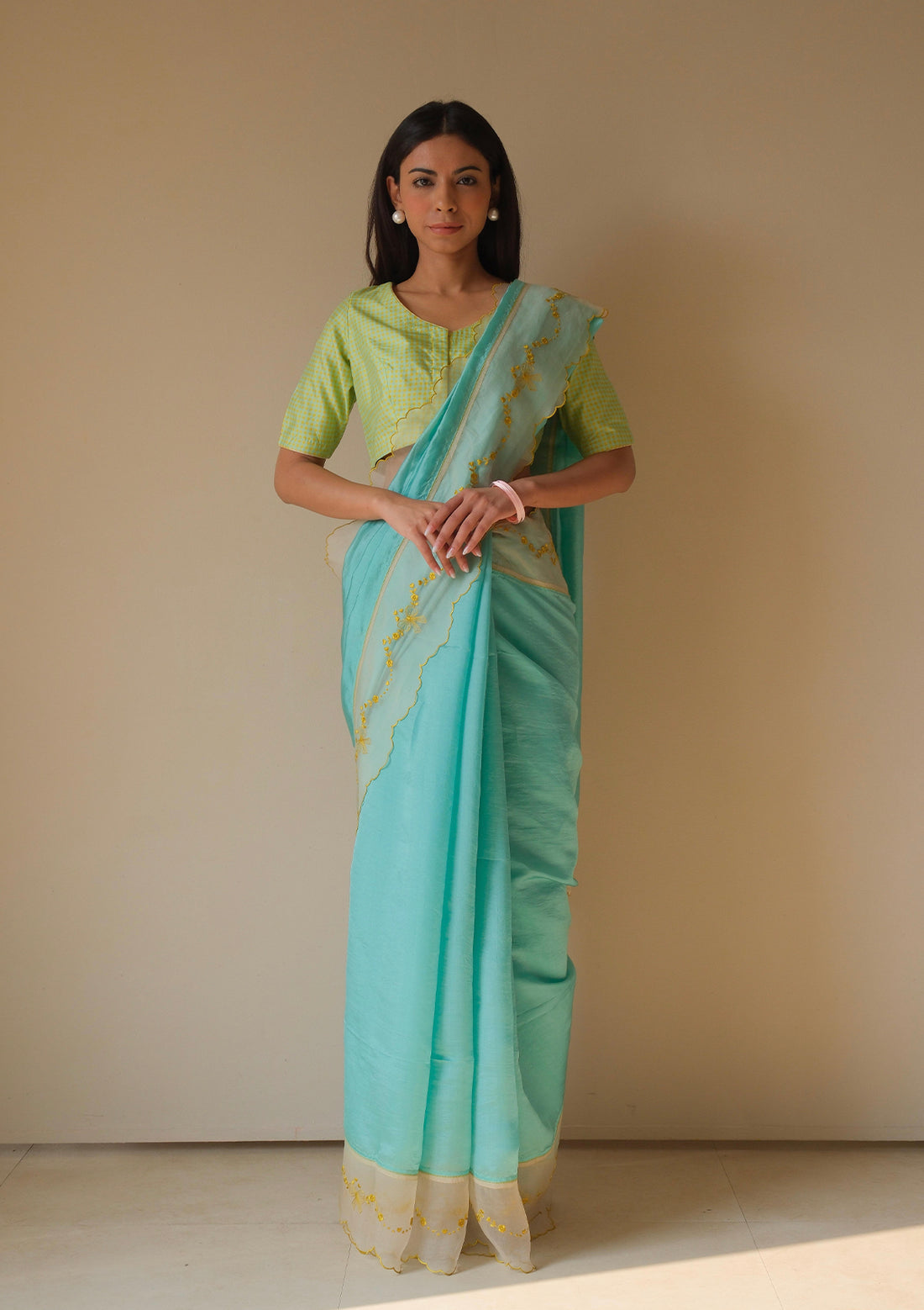 Moonglade Embroidered Coral Blue Saree