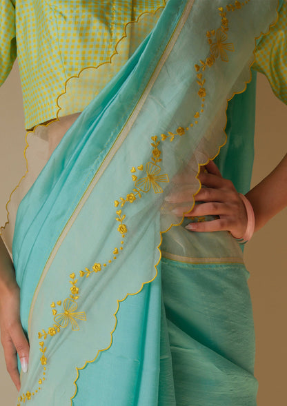 Moonglade Embroidered Coral Blue Saree