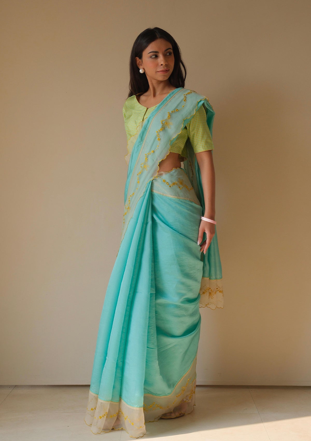 Moonglade Embroidered Coral Blue Saree