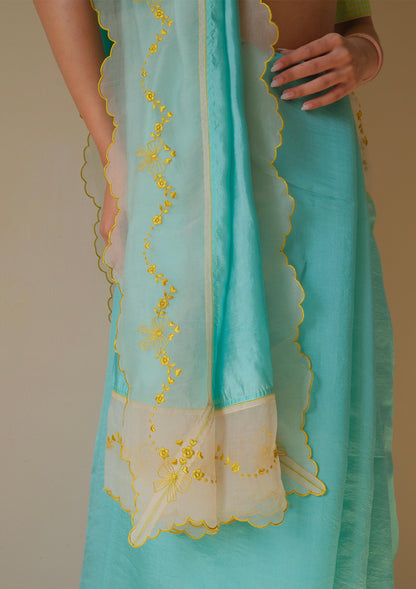 Moonglade Embroidered Coral Blue Saree