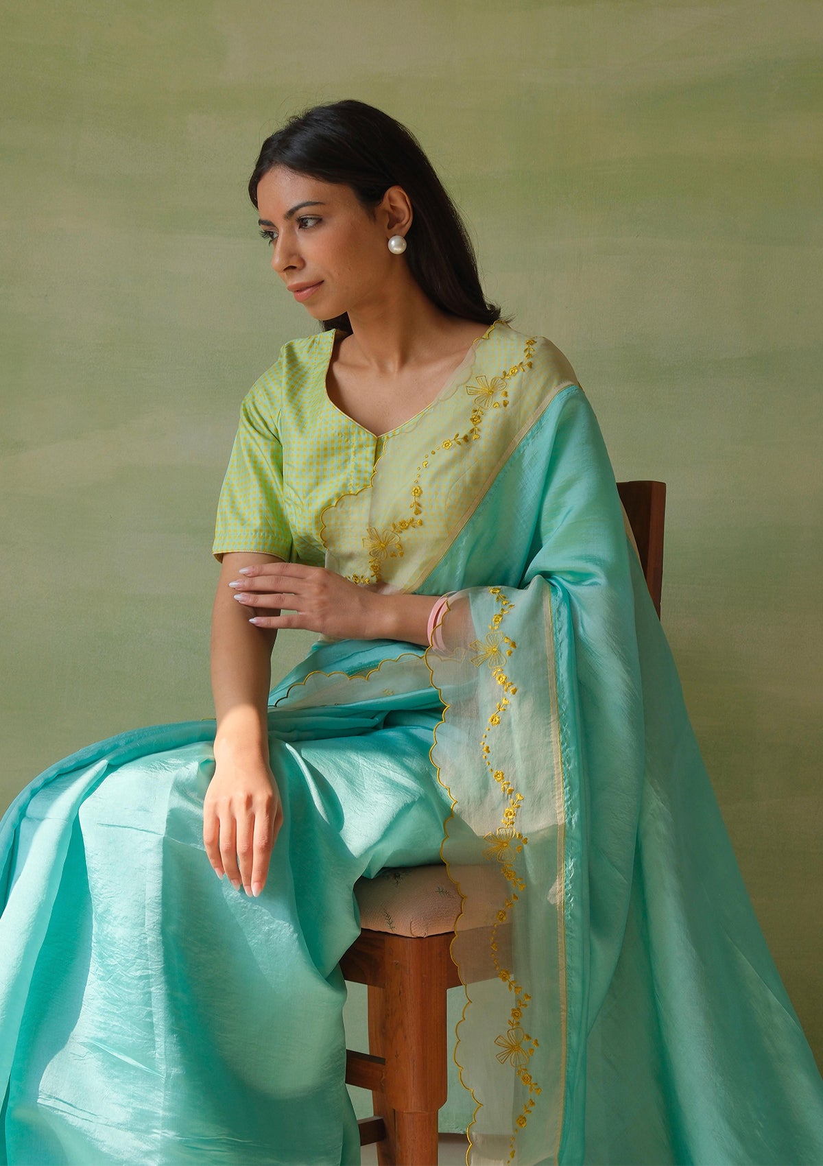 Moonglade Embroidered Coral Blue Saree