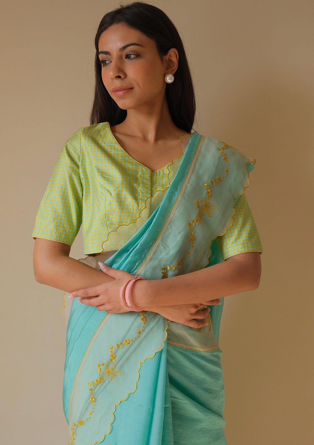 Moonglade Embroidered Coral Blue Saree