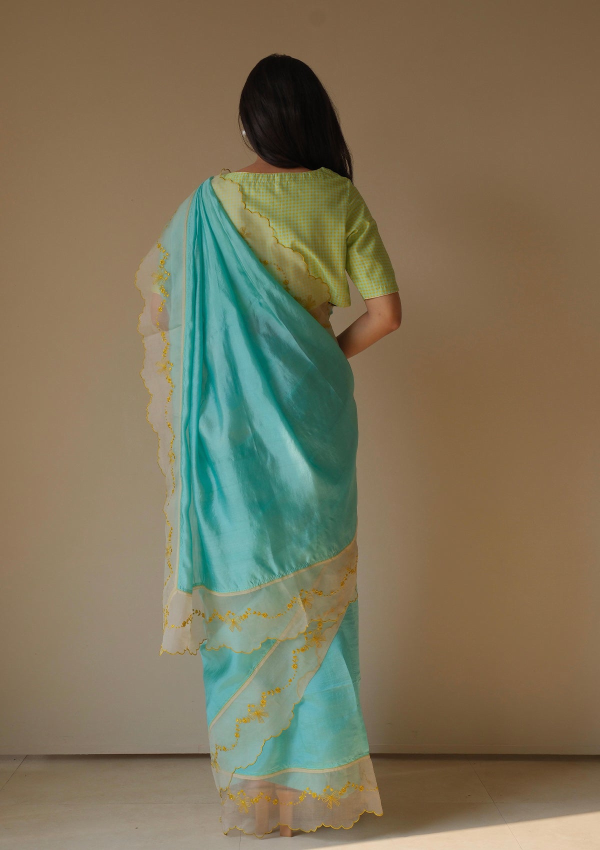 Moonglade Embroidered Coral Blue Saree