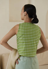 Handwoven designer green blouse in gingham checks, from Surmaye