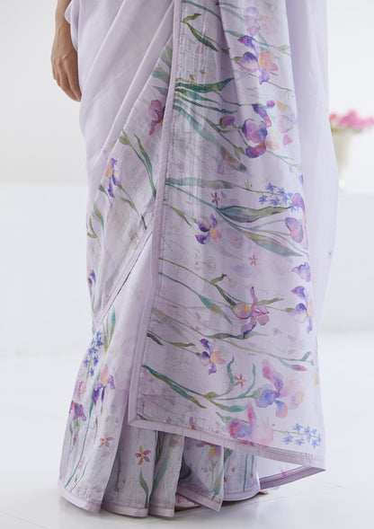 Handloom organza mulberry silk saree in mauve, from Surmaye. Intricate, hand-drawn, iris flower border print. 